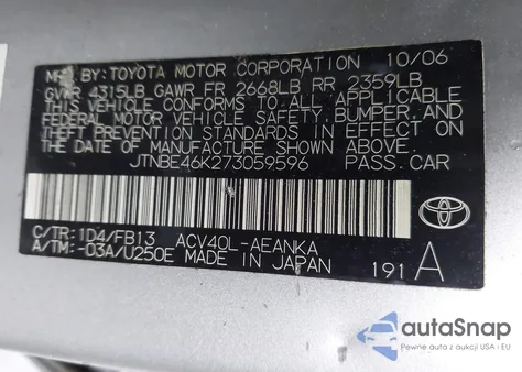 2007 Toyota Camry Le z USA, uszkodzony, nr VIN JTNBE46K273059596